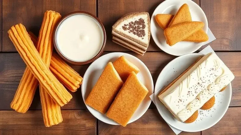 A beautiful and appetizing flat lay of various desserts featuring doce de leite as the star ingredient: churros with a dippin