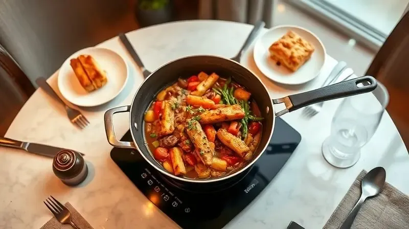Jantar servido em uma moderna panela de indução sobre a mesa, simbolizando a conclusão de uma experiência culinária de sucesso.