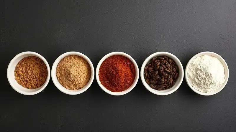 A beautiful flat lay composition of five small ceramic bowls arranged in a line on a dark slate background, each bowl contain
