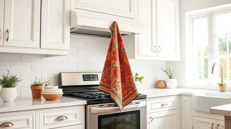 Pano de prato estampado pendurado no puxador do forno, servindo como um ponto de cor e decoração em uma cozinha moderna e iluminada.