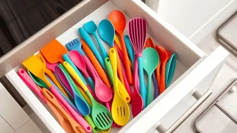 Gaveta de cozinha organizada com utensílios de silicone coloridos, incluindo espátulas e colheres, mostrando as vantagens do material.