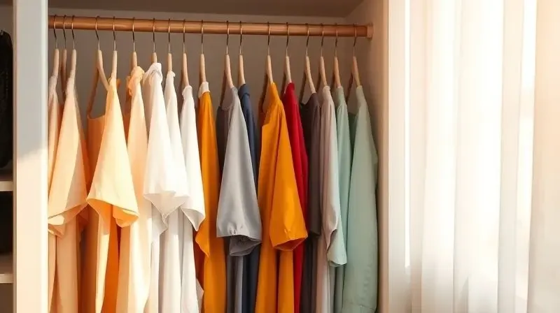 Armário aberto e organizado com roupas em cabides padronizados, iluminado por luz natural, criando um ambiente tranquilo.
