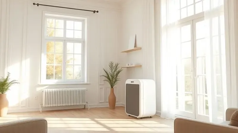 Sala de estar iluminada e saudável, com uma família relaxando confortavelmente, enquanto um desumidificador de ar moderno opera discretamente ao fundo.