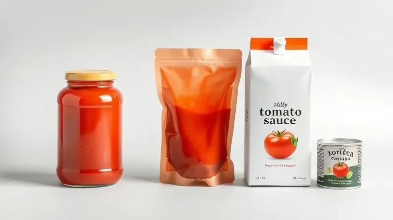 A clean, minimalist composition of various tomato sauce packagings arranged neatly on a light gray background, including a cl