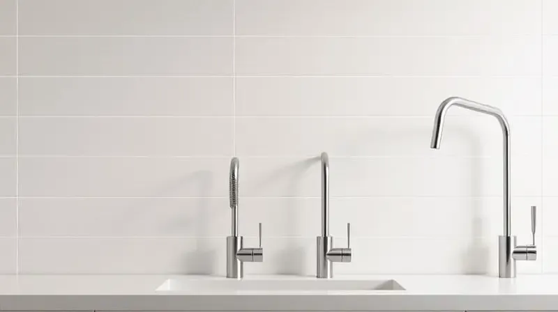 Composição de quatro tipos de torneiras com filtro: de parede, de bancada, monocomando e gourmet, lado a lado em um fundo neutro de cozinha.