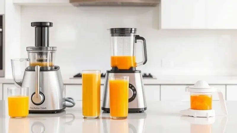 Comparativo visual em uma bancada: uma centrífuga, um liquidificador e um espremedor, cada um com um copo de suco à sua frente.