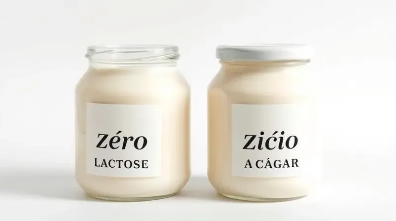 A clean, modern product shot of two elegant glass jars side-by-side, one labeled 'Zero Lactose' and the other 'Zero Açúcar', 