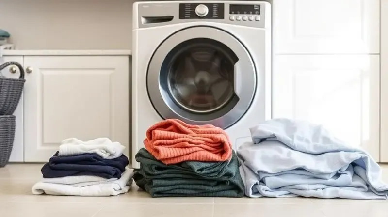 Três pilhas de roupas de tamanhos diferentes (pequena, média, grande) em frente a uma lava e seca para ilustrar a capacidade da máquina.