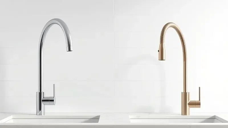 A conceptual and elegant photorealistic image showing two distinct gourmet faucets side-by-side over a clean, white marble co