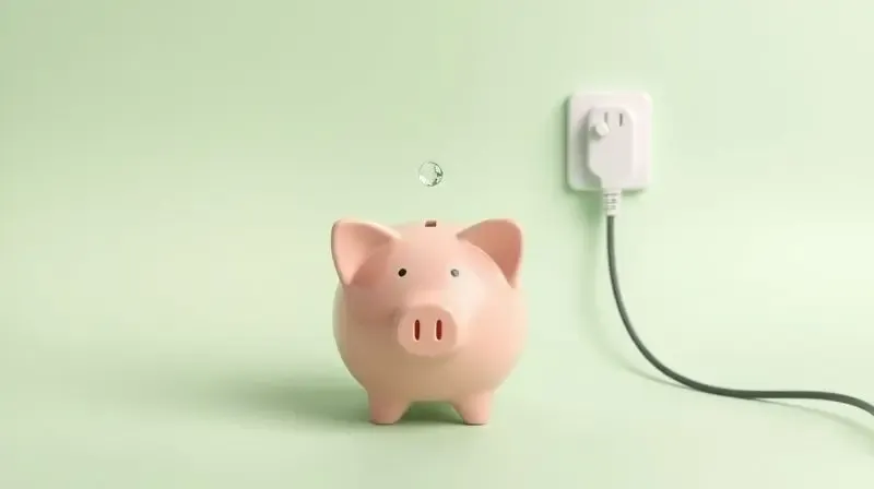 Imagem conceitual de economia de recursos, com gota d'água, cofrinho e tomada elétrica.