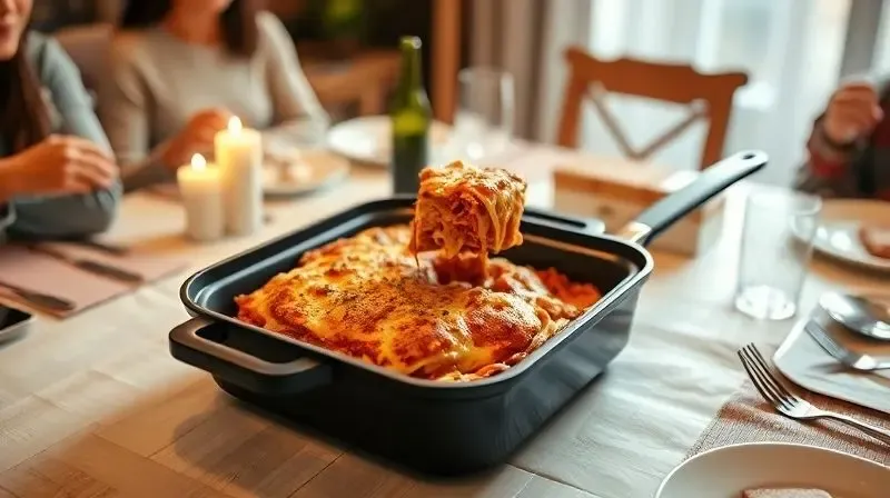 A cozy and heartwarming lifestyle scene showing a finished, delicious-looking lasagna being served directly from a square ele