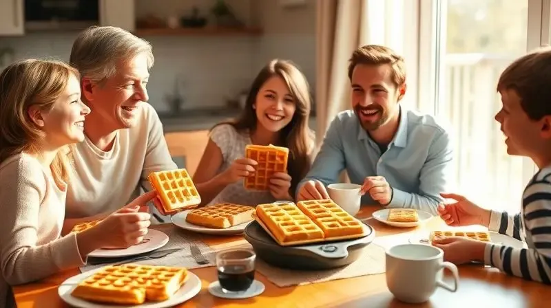 Família feliz compartilhando waffles recém-feitos em uma mesa de café da manhã ensolarada e aconchegante.