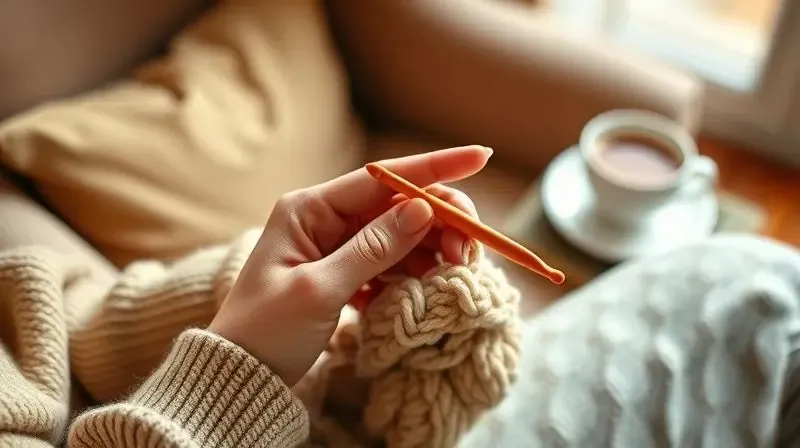 Mãos de uma pessoa segurando confortavelmente uma agulha de crochê ergonômica enquanto trabalha em um projeto de lã.