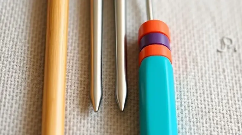 Close-up de três agulhas de crochê com cabos de materiais diferentes: bambu, alumínio e emborrachado colorido.