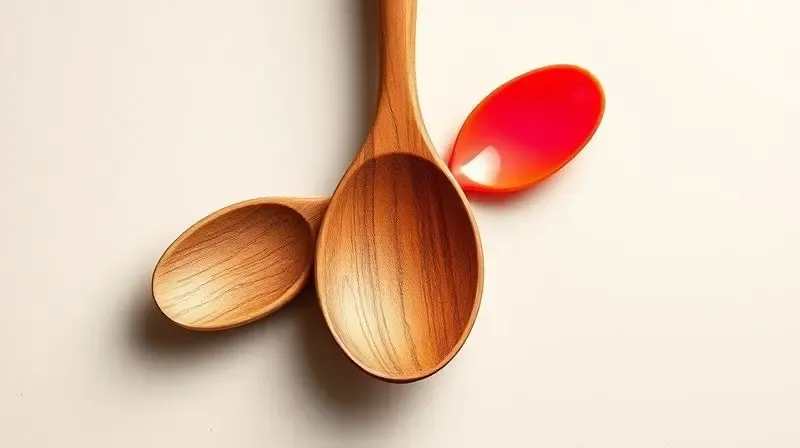 Comparativo lado a lado entre uma colher de pau tradicional, com textura rústica, e uma colher de silicone moderna e colorida.
