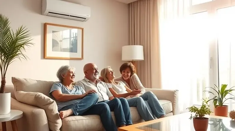 A family is relaxing and laughing on a comfortable sofa in a beautifully decorated, cool-toned living room, the sunlight outs