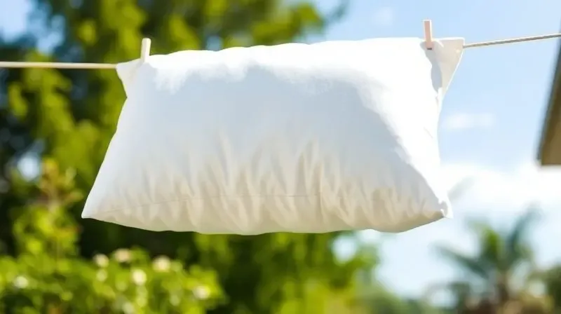 Travesseiro de pluma sendo colocado para secar ao sol em um varal externo, com um fundo de céu azul e um jardim, transmitindo frescor e limpeza.
