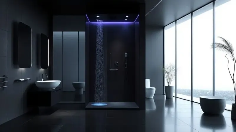 Banheiro de luxo com um chuveiro de design futurista e iluminação LED, representando as tendências para 2026.