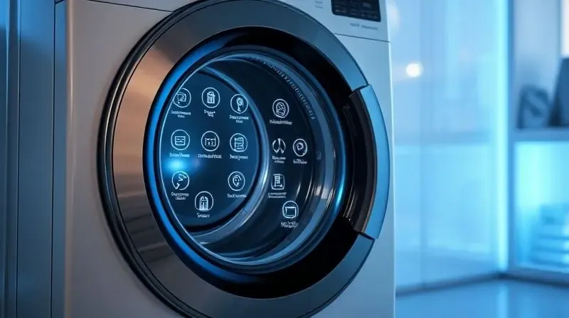 Lavadora frontal com design futurista, exibindo ícones holográficos em uma porta de tela transparente, simbolizando inovação e tecnologia.