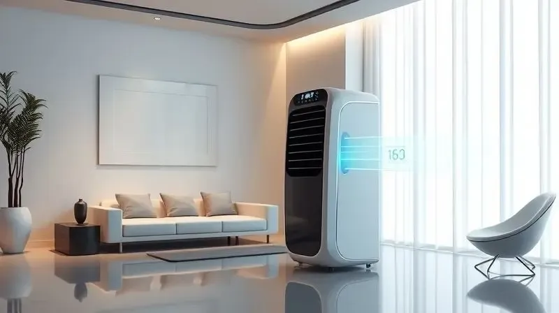Climatizador de ar com design futurista e minimalista integrado à decoração de uma sala de estar tecnológica e moderna.