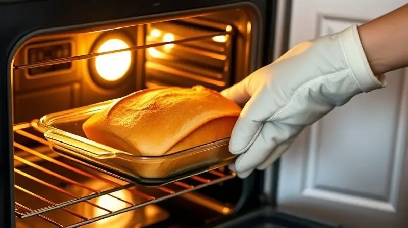 Mão com luva retira uma travessa com pão dourado e fumegante de um forno elétrico aberto.
