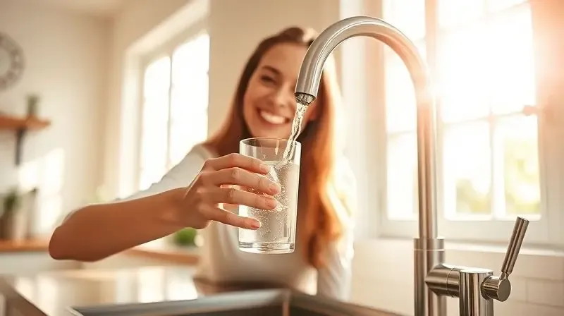Pessoa enchendo um copo com água pura de uma torneira com filtro em uma cozinha ensolarada, representando a escolha ideal para o bem-estar.
