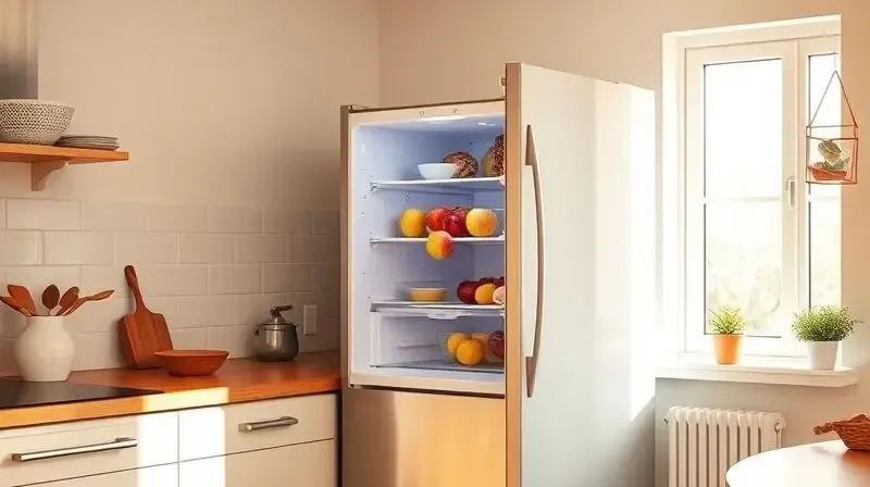 A heartwarming, wide-angle photorealistic shot of a beautiful, sunlit kitchen. A brand new, stylish refrigerator stands perfe
