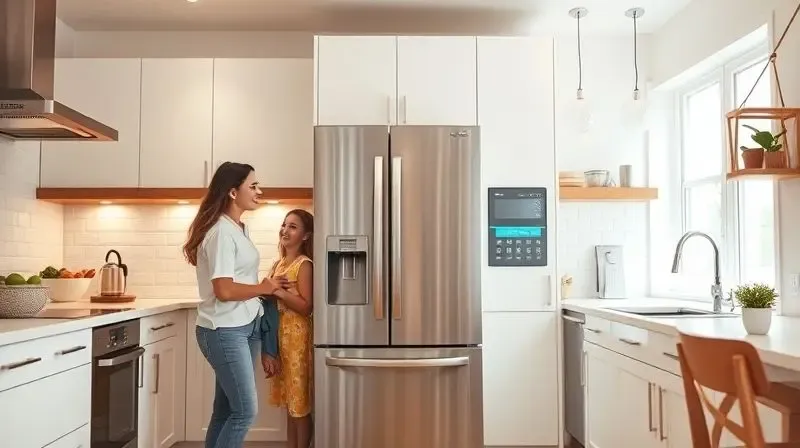 Família feliz interagindo em uma cozinha contemporânea, com a nova geladeira frost free integrada ao ambiente como peça central.