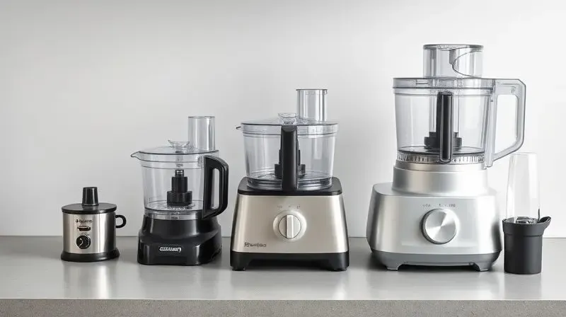 Comparativo visual de tamanho entre um mini processador, um processador padrão e um multiprocessador de alimentos.