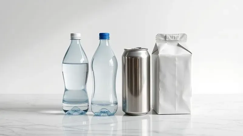 Diversos tipos de embalagens de água: garrafa de vidro, PET, lata e caixa, alinhadas em uma superfície neutra e moderna.