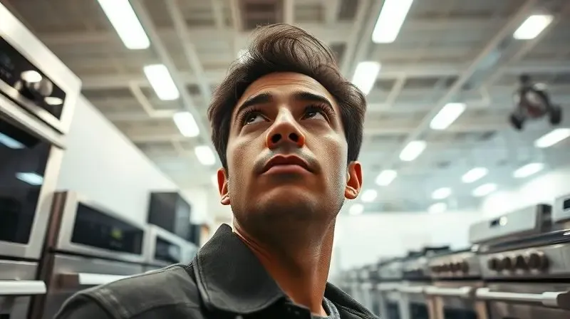 A low-angle, artistic shot of a person thoughtfully examining a row of different 5-burner stoves in a clean, brightly lit app