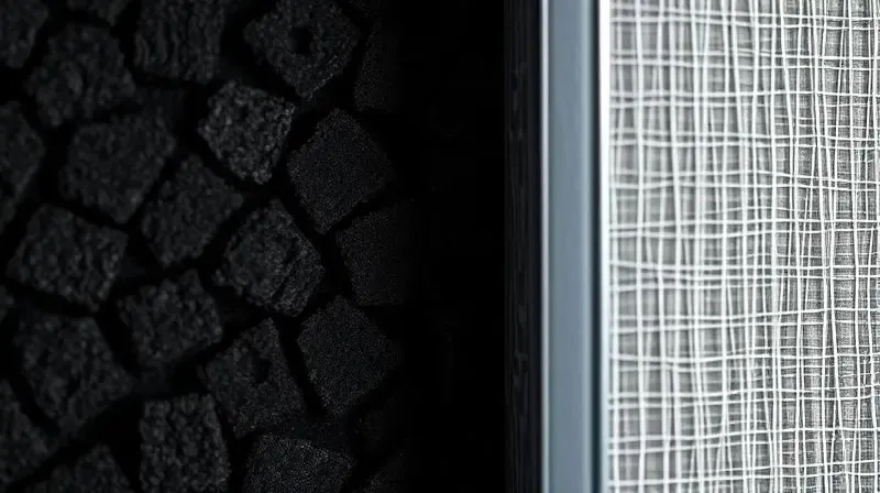 Imagem em close-up mostrando a textura de um filtro de carvão ativado ao lado de um filtro metálico de um depurador de ar.