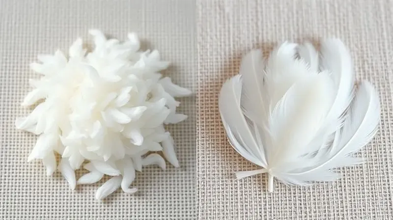 Close-up comparando a textura de plumas de ganso, que são fofas e delicadas, e penas de ganso, que são maiores e estruturadas.