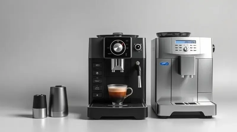 Três tipos de cafeteira expresso, de cápsula, automática e semiautomática, alinhadas lado a lado em um fundo neutro.