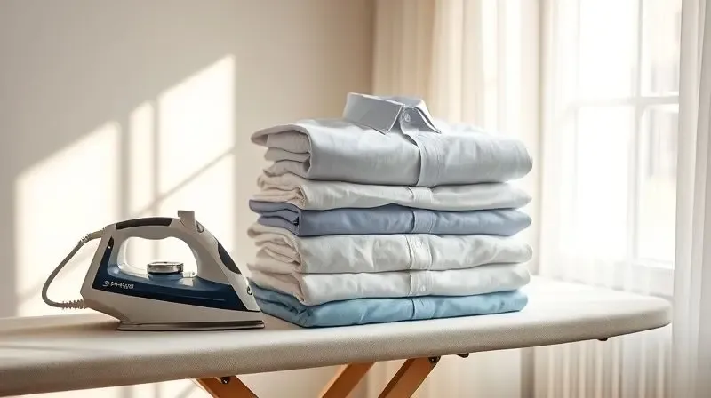 Pilha de camisas perfeitamente passadas sobre uma tábua, ao lado de um ferro, simbolizando a tarefa concluída com sucesso.
