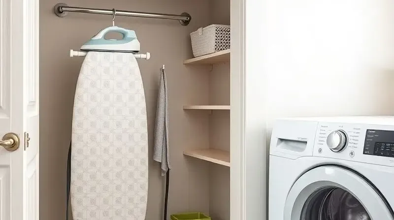 Tábua de passar roupa dobrada e guardada de forma organizada em um gancho na parede de uma lavanderia.