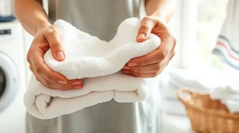 A pair of hands neatly folding a perfectly soft and fluffy, freshly laundered bath towel, with a bright, airy laundry room in