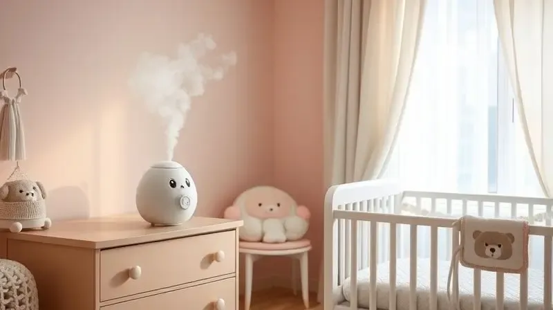 Umidificador de ar infantil em formato de animal em um quarto de bebê, ao lado de um berço, melhorando a qualidade do ar.