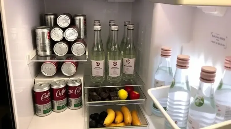 Interior de um frigobar perfeitamente organizado, com latas, garrafas e lanches arrumados para otimizar o espaço.