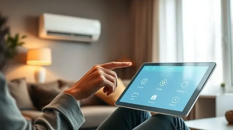 Pessoa analisando funcionalidades em um tablet para escolher o ar-condicionado ideal para sua casa moderna.