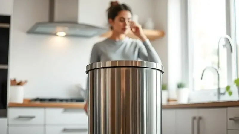 Pessoa em uma cozinha moderna olhando de forma pensativa para uma lixeira de inox, ponderando a decisão de compra.