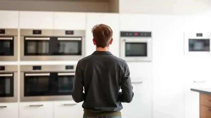 A person stands in a bright, modern kitchen appliance showroom, thoughtfully examining a wall displaying several sleek, built