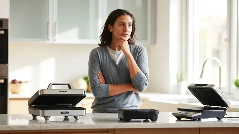 Pessoa em uma cozinha moderna, em dúvida sobre qual sanduicheira escolher entre dois modelos diferentes.