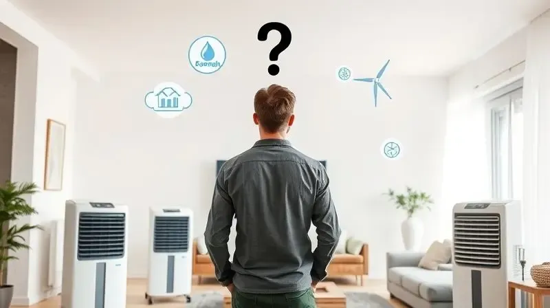 Pessoa em uma sala de estar moderna, avaliando diferentes modelos de climatizadores de ar para fazer uma escolha consciente.