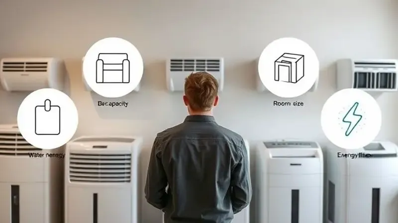 Pessoa olhando para um gráfico com ícones de gota d’água, tamanho do ambiente e eficiência energética, planejando a compra de um desumidificador.