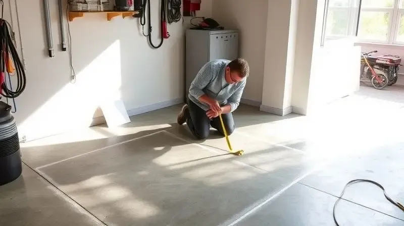 Homem medindo um espaço na garagem para a instalação correta de um gerador de energia, planejando o local físico.