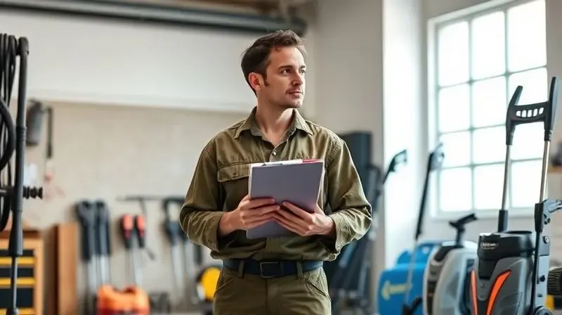 Profissional em uma oficina compara duas lavadoras de alta pressão, ponderando sobre qual modelo escolher para seu trabalho.