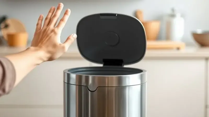 Pessoa mostrando que a lixeira automática com sensor é higiênica, acenando para abrir a tampa sem tocá-la.
