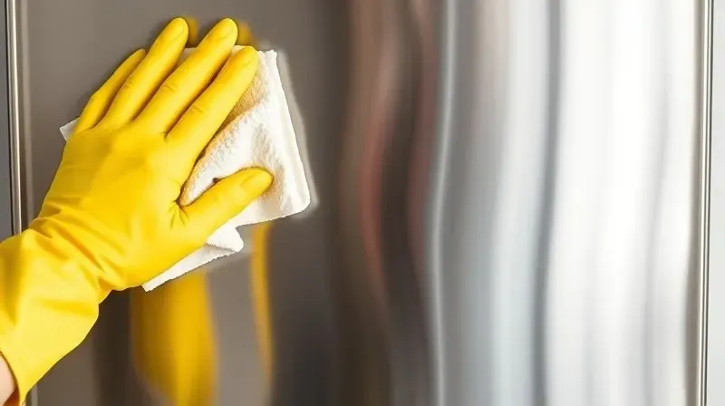 Mão com luva amarela limpando a superfície de inox de um depurador de ar, ilustrando a facilidade de manutenção e limpeza do aparelho.