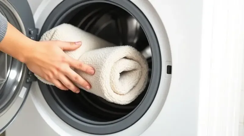 Mãos de uma pessoa colocando um tapete de banheiro limpo dentro de uma máquina de lavar moderna, ilustrando a facilidade de cuidado.